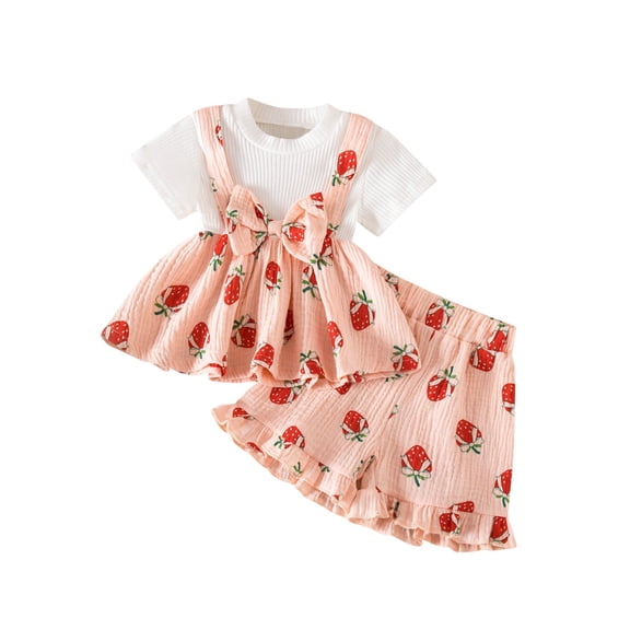 Kids Girls 2 Piece Outfit Set, Strawberry Print Pink Short Sleeve Top & Ruffled Shorts, Summer Play Clothes 6-9M to 3-4T,Size 6-9 Months
