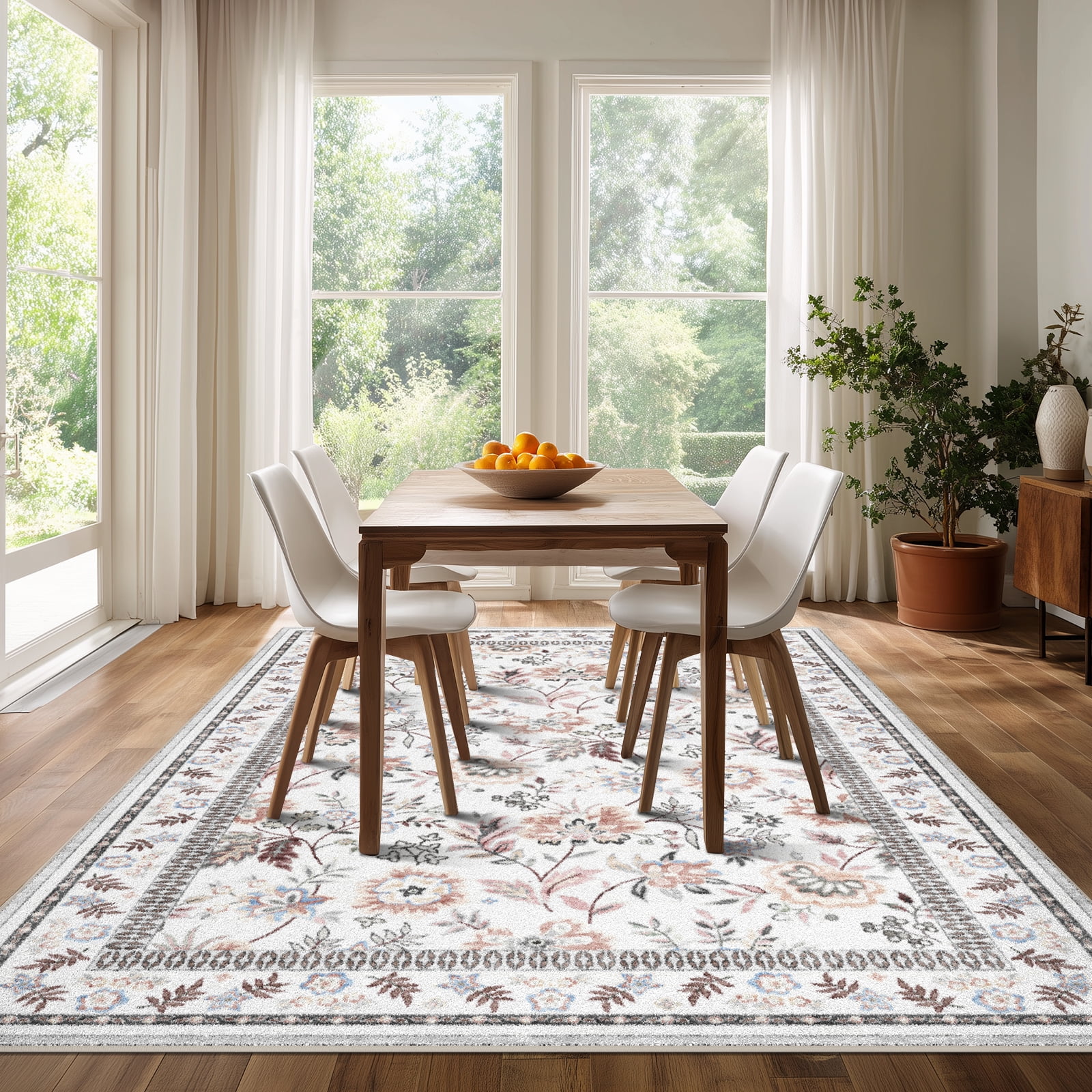 Washable Area Rug for Living Room, Curtilage 6'x9' Boho Khaki Floral Print Indoor Rug, Low Pile & Stain Resistant Carpet for Bedroom Dining Room