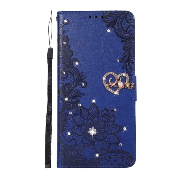 Wallet Case for Samsung Galaxy A32 5G 6.5", PU Leather Case [Embossed Flower & Bling Sticker Diamond] Kickstand Lanyard [Card Slots & Cash Pocket] Full-Protective Fashion Case, Darkblue