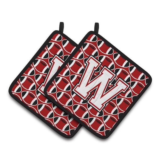 Letter W Football Cardinal and White Pair of Pot Holders