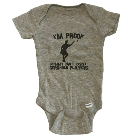 

I m Proof Mommy Can t Resist Cornhole Players Funny Cornhole Baby Bodysuit - Grey