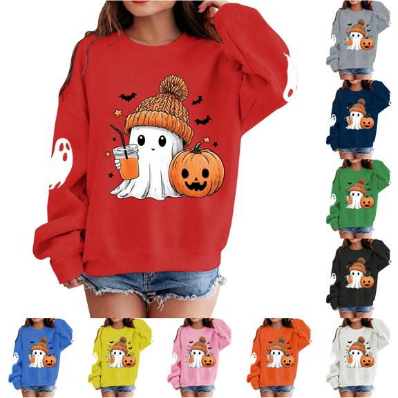 WAYUTE Girls Sweatshirt Halloween Oversized Cartoon Ghost Print Crewneck Sweatshirt for Kids Long Sleeve Soft Lined Fall Casual Dailywear,Red,Size 5-6 Y