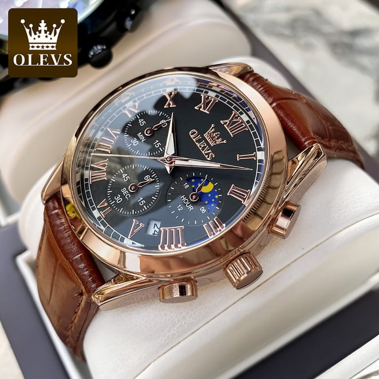 OLEVS Men's Chronograph Moon Phase Leather Strap Watch photo 2