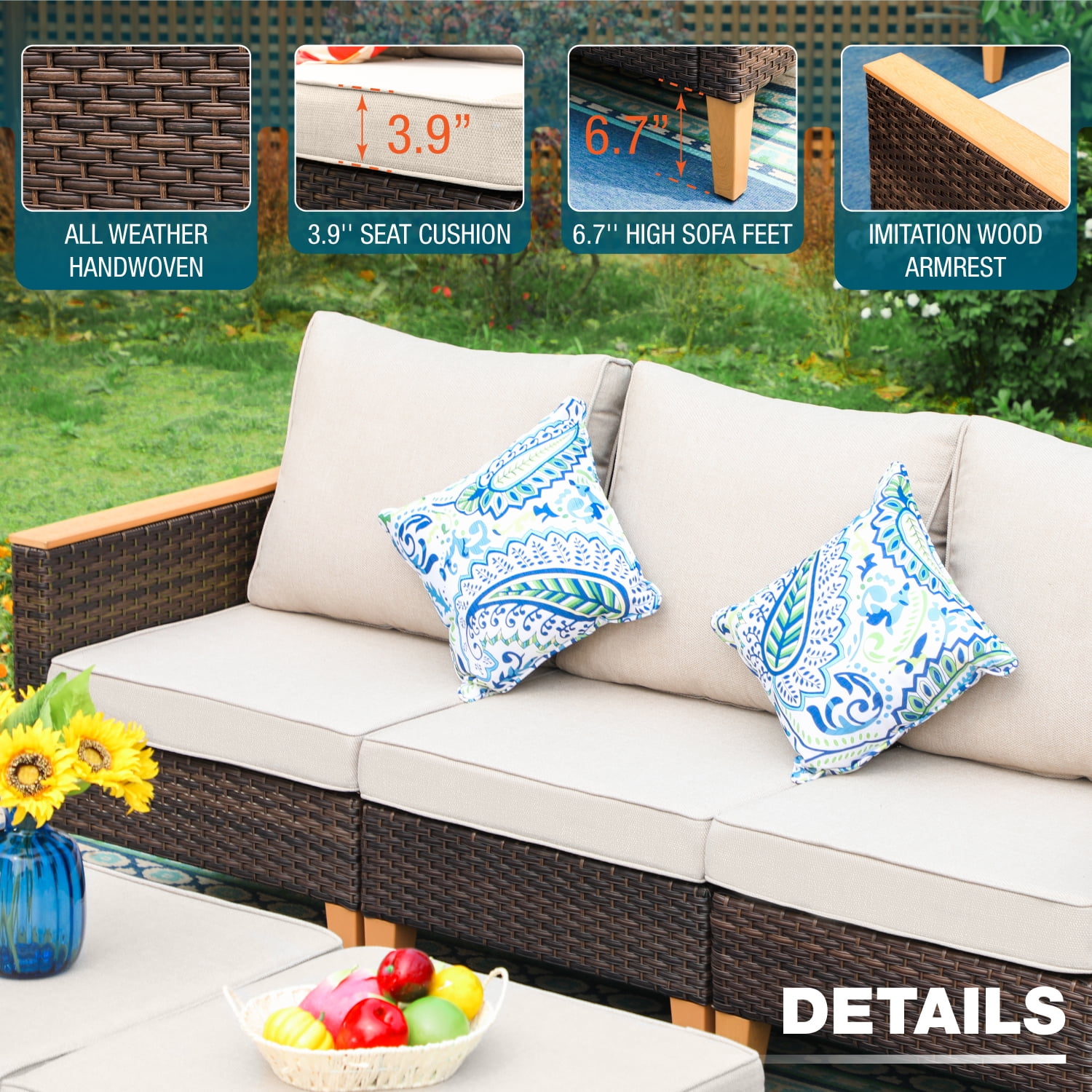 MF Studio 8 Piece Outdoor Patio Furniture Set with 45-inch 50,000 BTU Fire Pit Table Patio Conversation Set with Beige Cushions