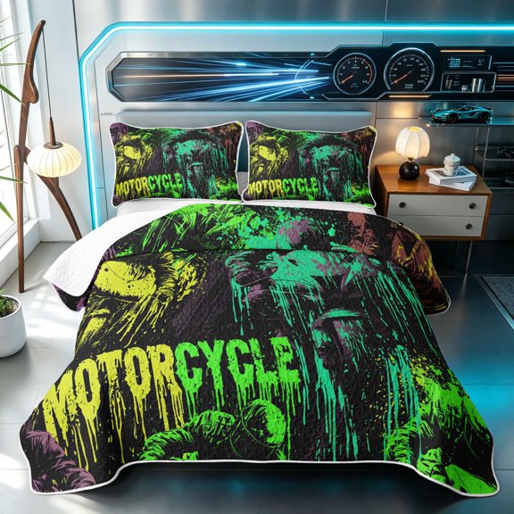Erosebridal Motorcycle Twin Quilt Set, Monster Art Twin Coverlet Set, Green Monster 2pcs 1 Bedspread and 1 Pillowcase