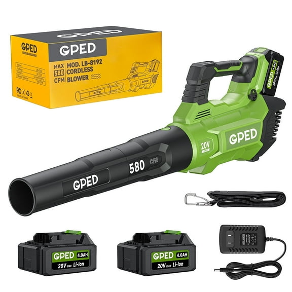 GPED Leaf Blower, 3 Speed Adjustment Electric Cordless Leaf Blower with 2 x 4.0Ah Batteries, Charger, Shoulder Strap, 580CFM/160MPH, Ideal for Patio Cleaning, Lawn Care, Blowing Leaves, Green