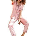 thumbnail image 2 of Ensemble de Pyjama en Satin d'Été pour Femmes Manches Courtes Col à Revers Hauts à Simple Boutonnage Pantalons, Rose, TG, 2 of 5