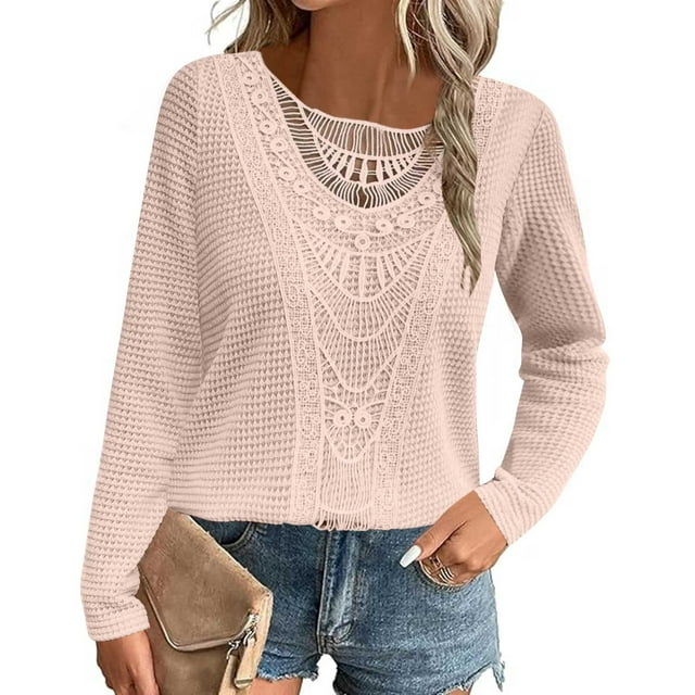 RXIRUCGD T-shirt à Manches Longues Col Rond en Dentelle Patchwork Ananas pour Femmes, Rose, Taille: S