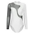 thumbnail image 3 of TiaoBug Women Rhinestone Color Block Ballet Dance Leotard Sheer Mesh Long Sleeve Gymnastics Bodysuit Tops White M, 3 of 6