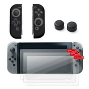 Insten Joy-Con Controller Case Skin [Left BLACK/Right BLACK] + 3-pack Clear Screen Protector + Joy-Con Gaming Thumb Grip Stick Caps for Nintendo Switch