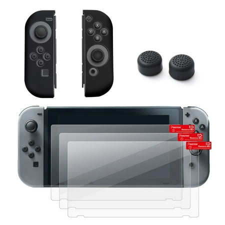 Insten Joy-Con Controller Case Skin [Left BLACK/Right BLACK] + 3-pack Clear Screen Protector + Joy-Con Gaming Thumb Grip Stick Caps for Nintendo Switch
