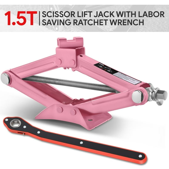DNA Motoring Pink Labor-Saving 1.5 Ton Scissor Lift Jack Car Repair Tool Kit w/Ratchet Wrench