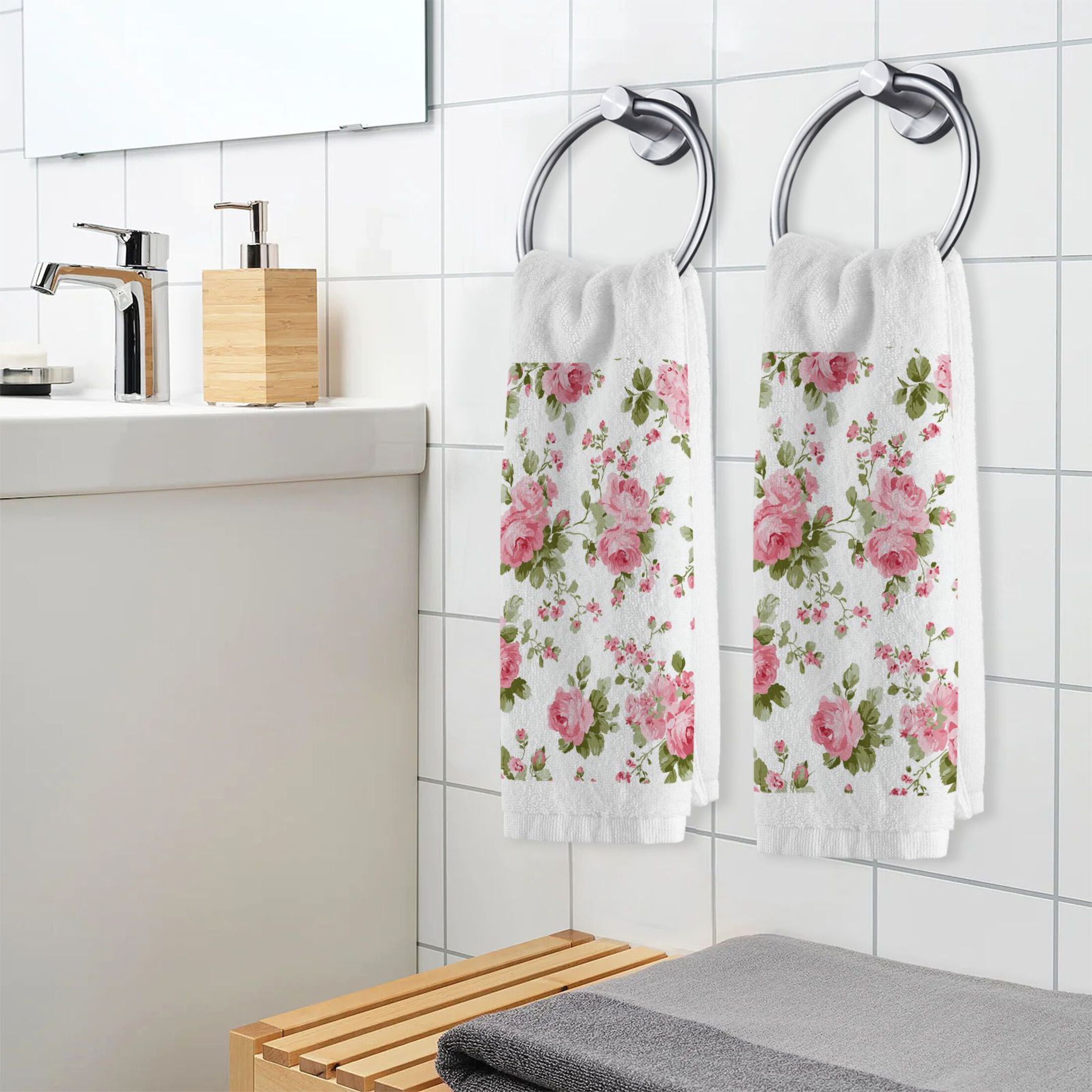 Chic Pink Roses Pure Cotton Towels Bath Towel Quick Drying for Bathroom Beach Sports 16" x 30" Set of 2