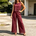 thumbnail image 4 of TEAJOPSUU Womens 2 Piece Sets Matching Lace Hem Outfits Sleeveless Crew Neck Crop Tank Tops High Waisted Wide leg Pants Sets Casual Daily Outfits Burgundy, 4 of 7