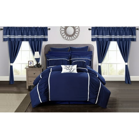 24 Bed In A Bag Chic Home 24 -piece Auburn, Navy Complete bedroom in a bag Pinch Pleat Ruffled Designer Embellished Queen BIB Comforter Set, sheet set included ()