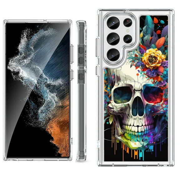Shockproof Bumper Phone Case for Samsung Galaxy S23 Ultra 5G, by OneToughShield ® - Skull Flower