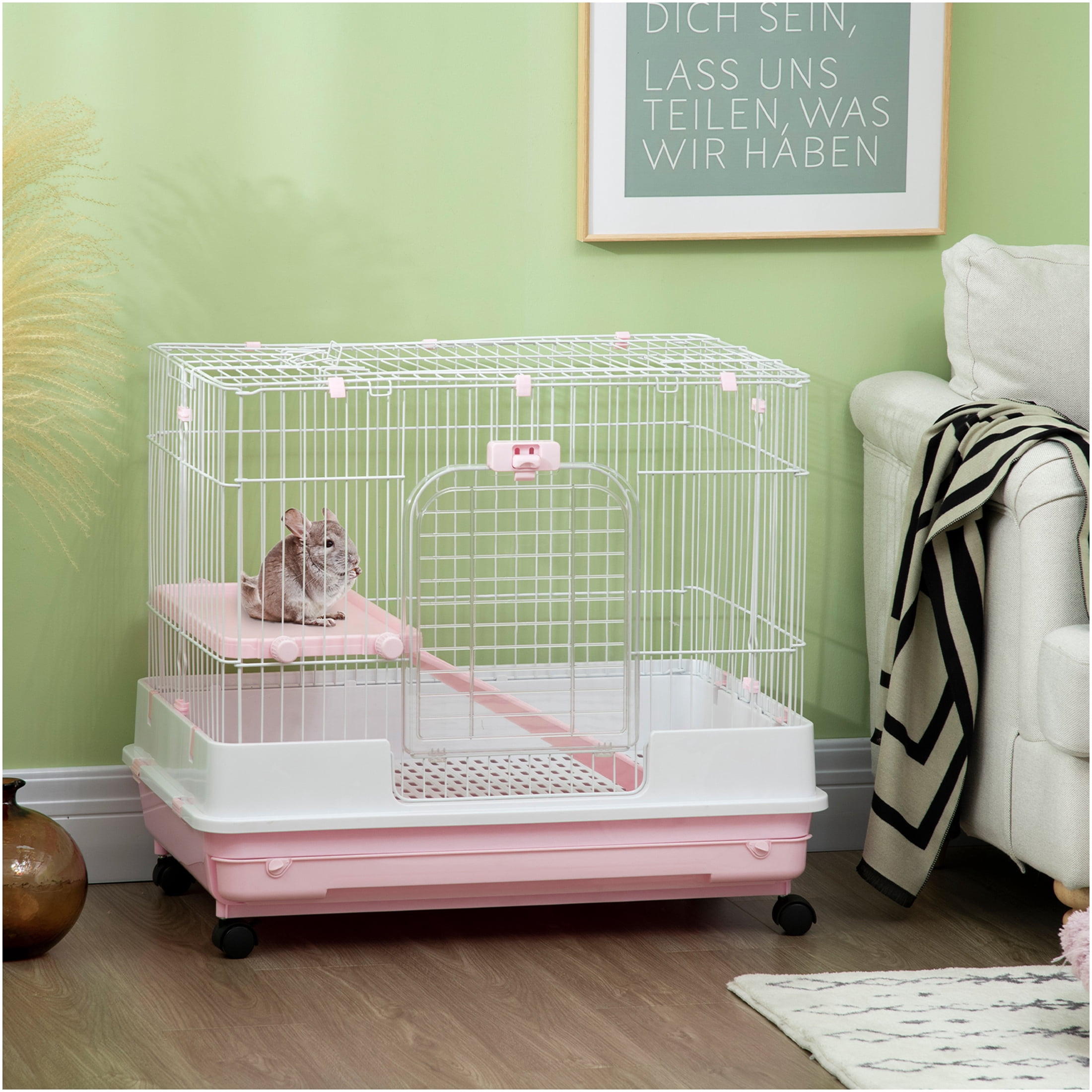 JERFIT 2-Tier Indoor Rabbit Hutch with Wheels, Removable Tray & Ramp, Small Animal Cage for Rabbits, Chinchillas, Ferrets, Guinea Pigs, Pink