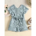 thumbnail image 2 of Toddler Baby Girls Summer Romper, Short Sleeve Crew Neck Lace Flower Short Jumpsuit One-Piece Clothes with Belt, 2 of 9