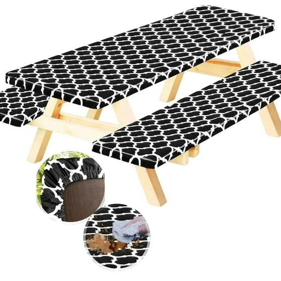 Vinyl Fitted Picnic Table Cover with Bench Covers, 6ft Outdoor Waterproof Windproof Picnic Tablecloth with Elastic Edges. Camping RV Gear Must Have 72x30 Inches 3 Pcs Set (Black Moroccan)