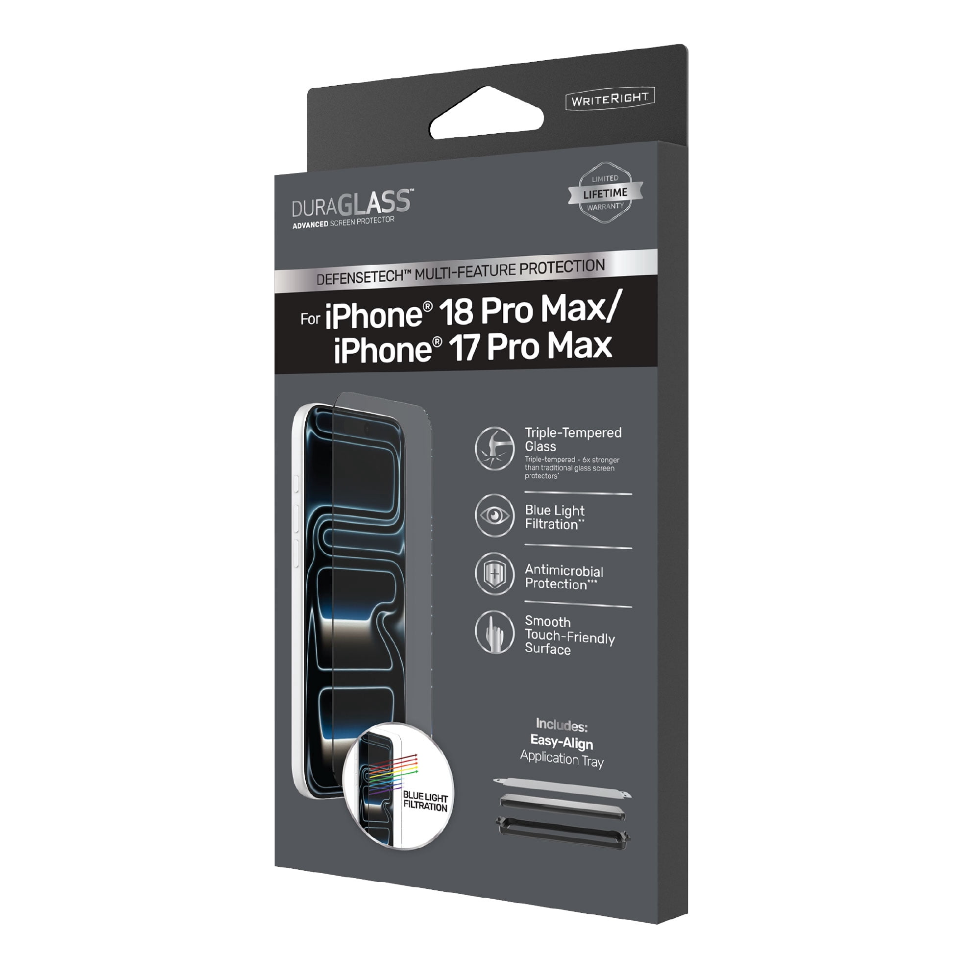 DuraGlass DefenseTech Glass Screen Protector with Blue Light Filter for iPhone 18 Pro Max / 17 Pro Max with Easy Application Tray