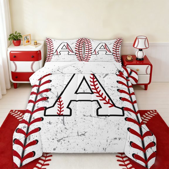 Manfei Letter A Monogrammed Bedding Comforter Set,Baseball Game Lover Twin Comforter Sets,White Red Bedding Set For Boys,Microfiber Room Decorative Reversible,2pcs