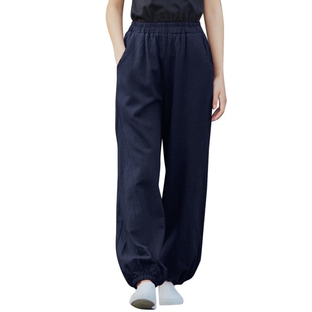 FNFYFH Clearance Women's Stylish Linen Cotton Trousers Elastic Waist Loose Fit Solid Color