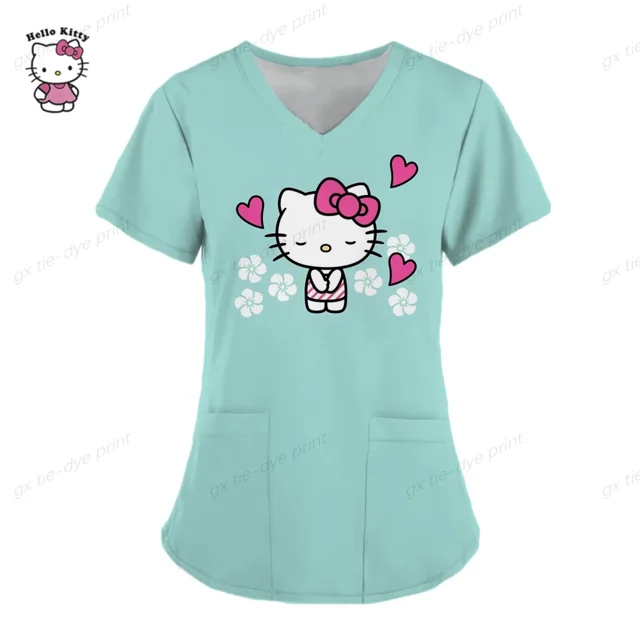 Uniforme de enfermera de manga corta para mujer, blusa de bolsillo de Hello Kitty, Tops de enfermería, accesorios de uniformes médicos