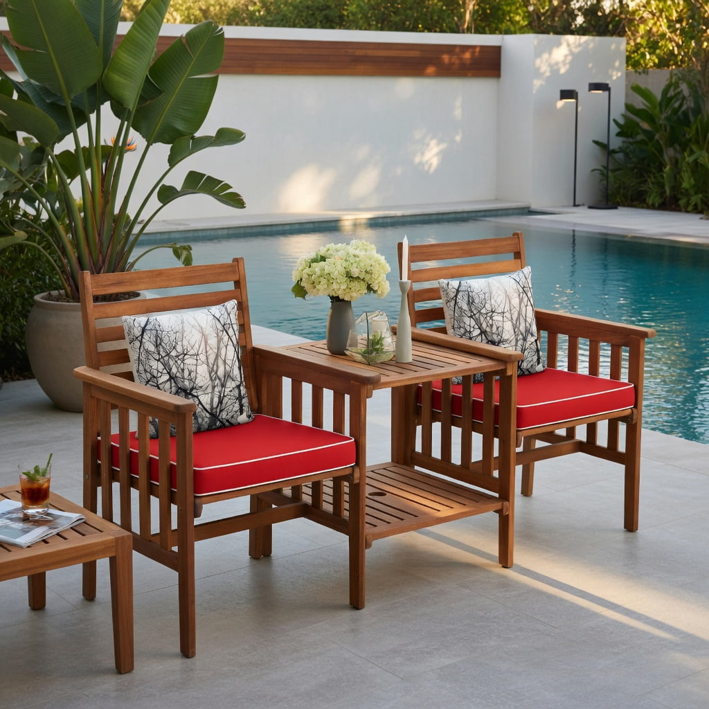 Hommoo 3-Piece Outdoor Patio Furniture Set, Acacia Wood Loveseat with 2 Cushions & Square Coffee Table, Red