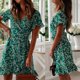 thumbnail image 3 of Women Summer Short Sleeve Floral Print A-Line Mini Dress Sexy Wrap V-Neck Pleated Ruffles Boho Beach Sundress with Belt, 3 of 4