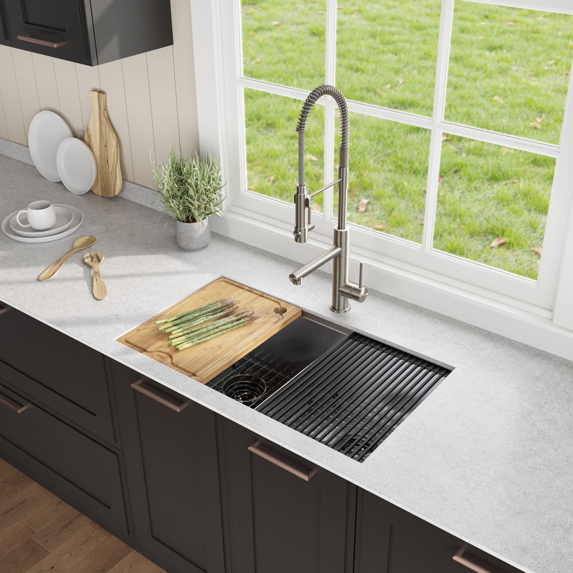 Kraus Kore Workstation 33-inch Undermount 16 Gauge Double Bowl Stainless Steel Kitchen Sink with Accessories (Pack of 8) with Waste Guard Continuous Feed Garbage Disposal