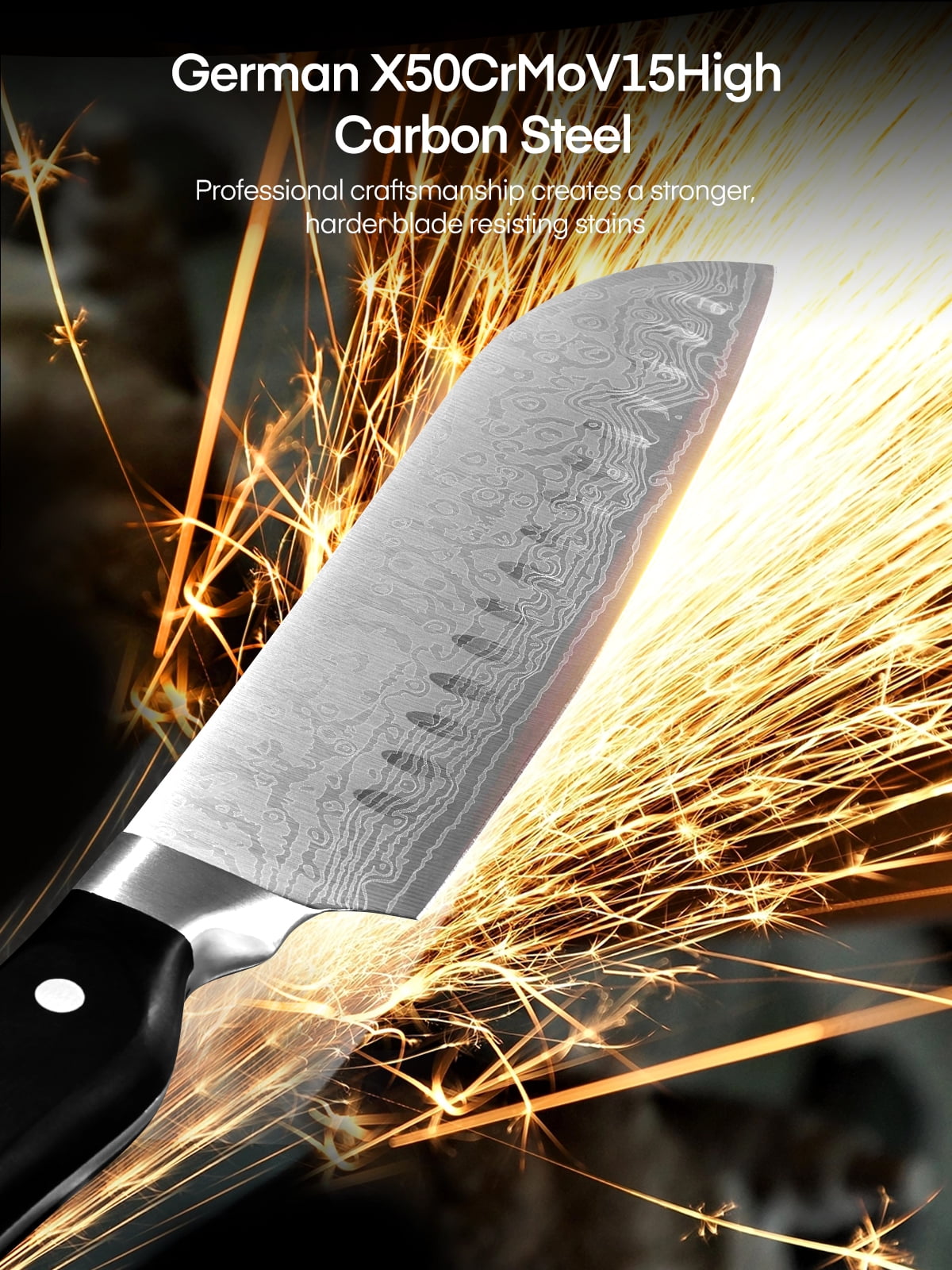 FOHERE 14 Pcs Knife Set with Self-sharpening , Waved Texture Stainless Steel Kitchen Knives, Black