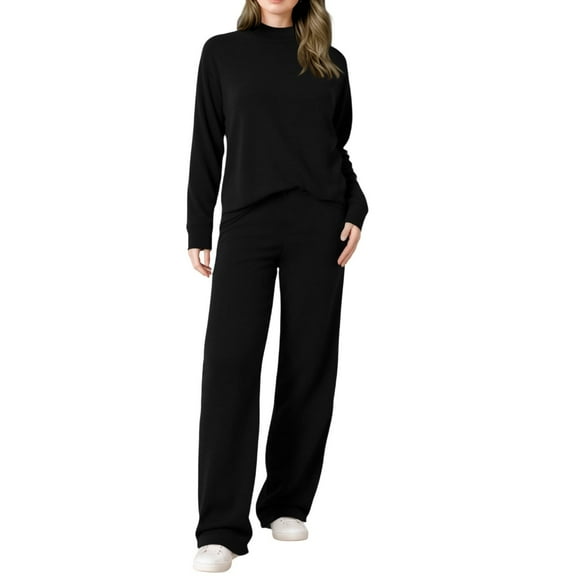 sususu Airport Outfits for Women 2025,Fall Sets Women's Knit Top and Wide Leg Pants Suit Comfortable Everyday Outfit for Autumn Winter Seasons - Black