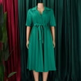 thumbnail image 4 of AURA Womens Summer 2024 Solid Color Midi A Line Dress High Waist Short Sleeve Button Front, 4 of 10