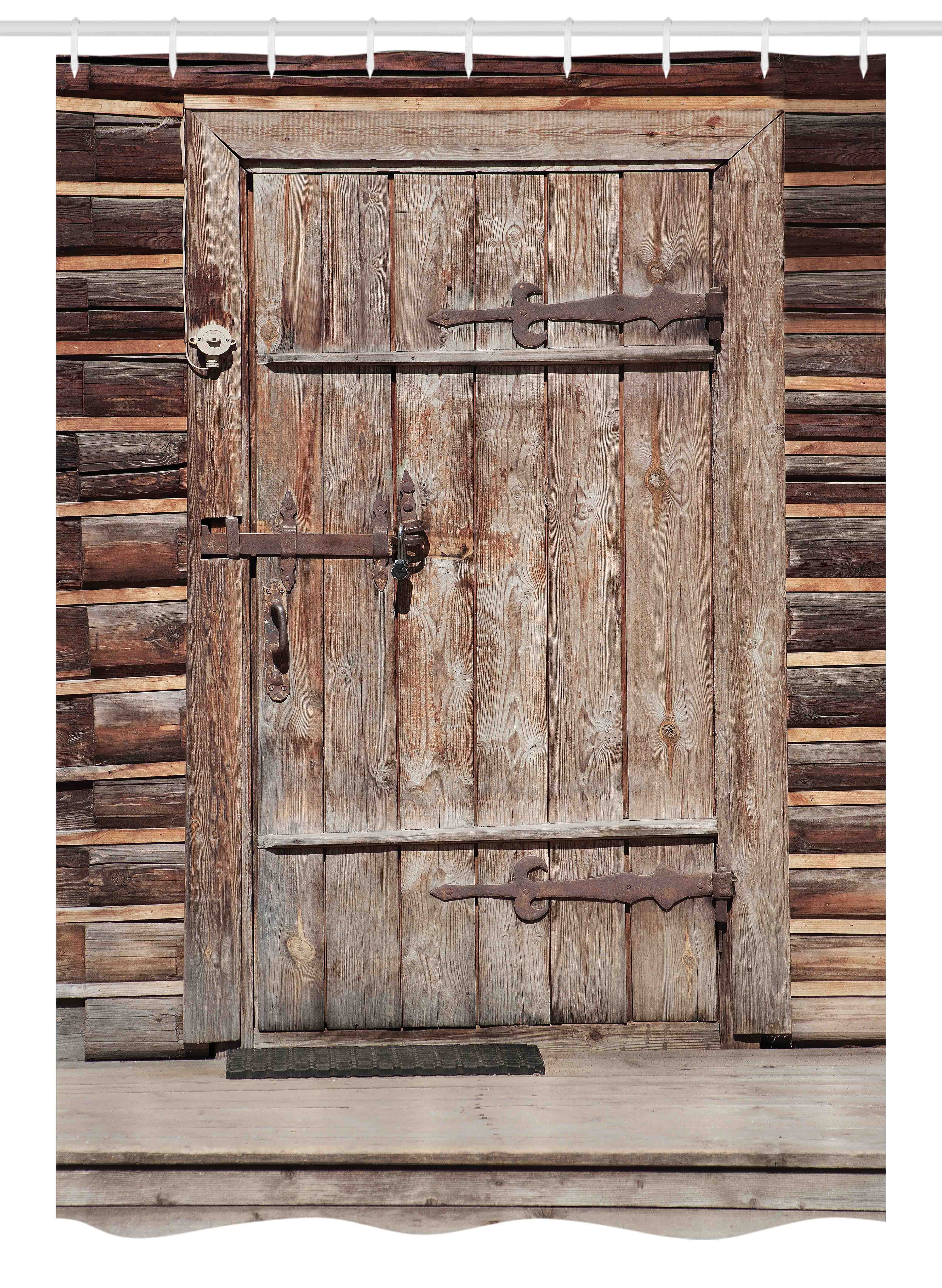 Rustic Stall Shower Curtain, Timber Rustic Door in Wall of An Old Log
