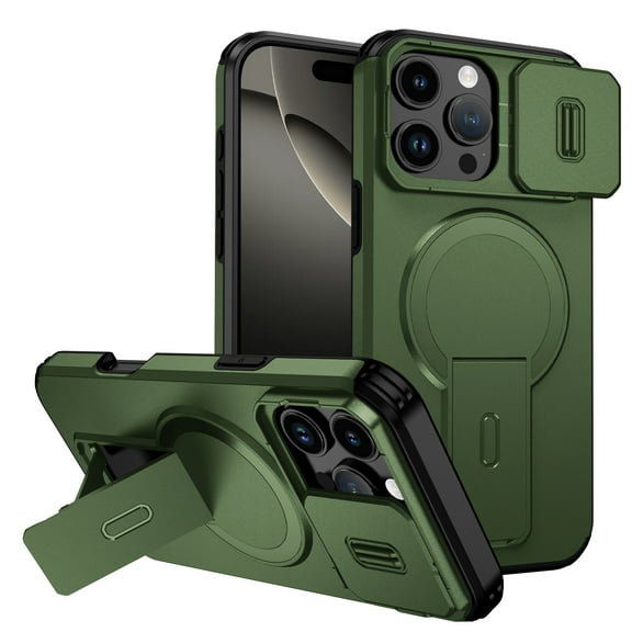 For iPhone 15 Rugged Phone Case,With Invisible Kickstand,Compatible with Mag-Safe,With Camera Lens Cover,Shockproof Anti-Scratch Drop Protection Durable Heavy Duty Phone Case,Green