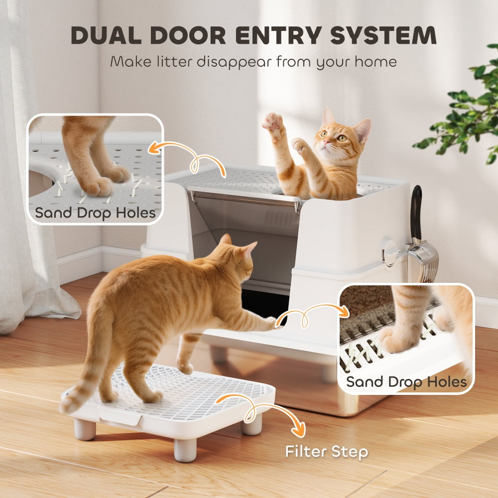 Stainless Steel Enclosed Cat Litter Box Large Covered Cat Litter Box with Top Exit Anti Tracking Step Odor Control Double Door Cat Toilet Easy Clean Metal Litter Tray for Large Cats Multi Cat Homes