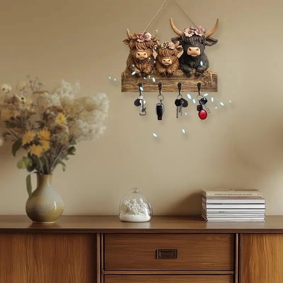 Rustic Highland Cow Wooden Wall Hook Rail - Farmhouse Style Solid Wood Coat & Key Organizer, 4 Hooks Design for Entryway, Mudroom, Hallway & Home Decor, Wall Storage Solution, Brown, 9.8*7.48in