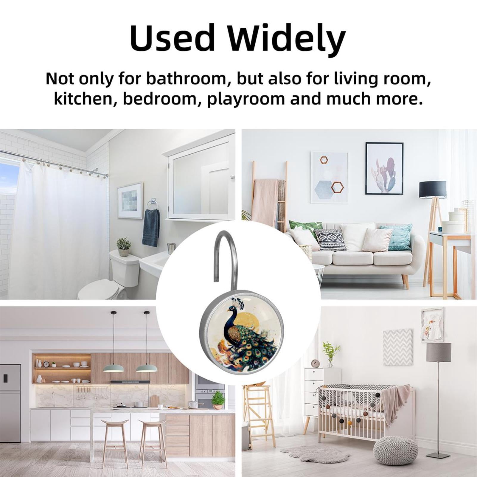 12pcs Decorative Shower Curtain Hooks, Rust Resistant Shower Rings for Bathroom Living Room,Rustproof Stainless Steel Rings for Shower Curtain and Liner Rods,Peacock Illustration