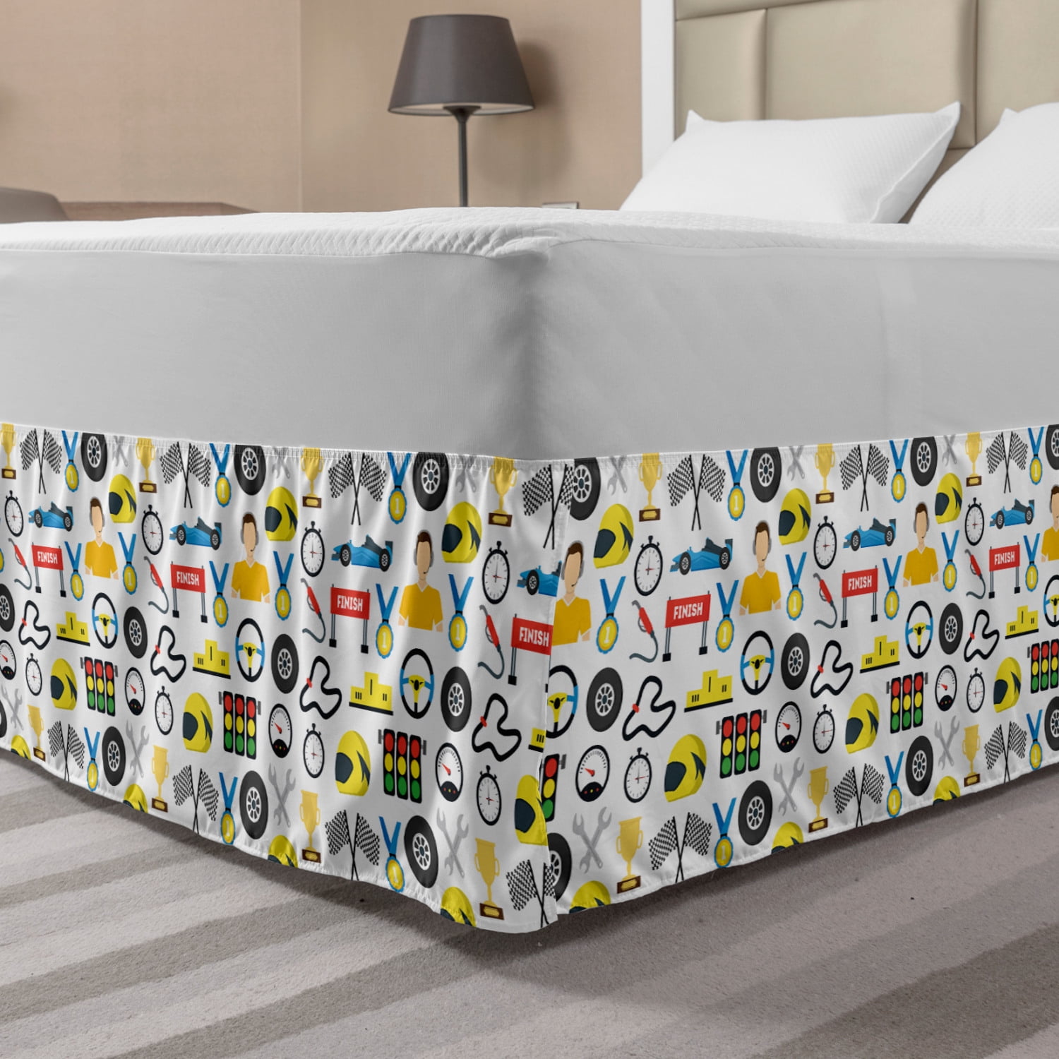 Race Car Bed Skirt Cartoon Style Speedometer Flag Trophy Steering Checkered Flag Mechanic Items Elastic Bedskirt Dust Ruffle Wrap Around For Bedding Decor 4 Sizes White Multicolor By Ambesonne Walmart Com