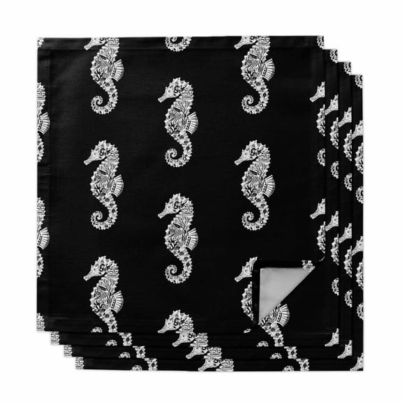 Ocean Seahorse Cloth Napkins, Summer Nautical Coastal Textured Black Washable and Reusable Dinner Napkins Set of 4, Table Napkin for Kitchen Party Birthday Wedding Hotel Housewarming 20"x20"