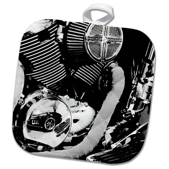 3dRose, Photograph of a reflection of classic car in a motorcycle engine., 8x8 Potholder