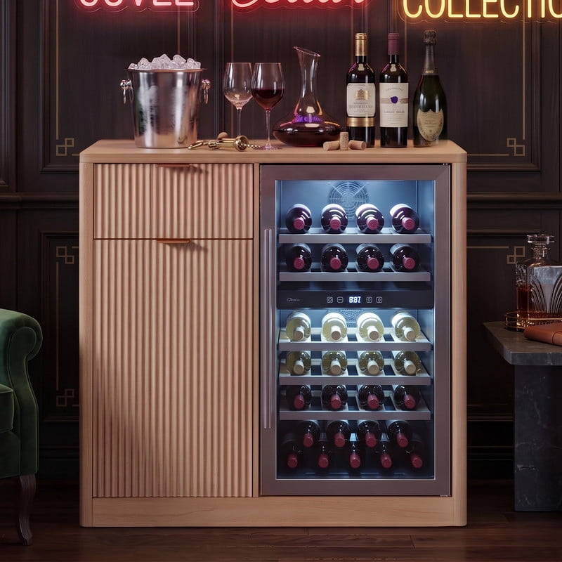 39.4"W Coffee Bar Cabinet with Small Fridge Space, Mini Liquor Storage Buffet Cabinet with Drawer & Charging Station