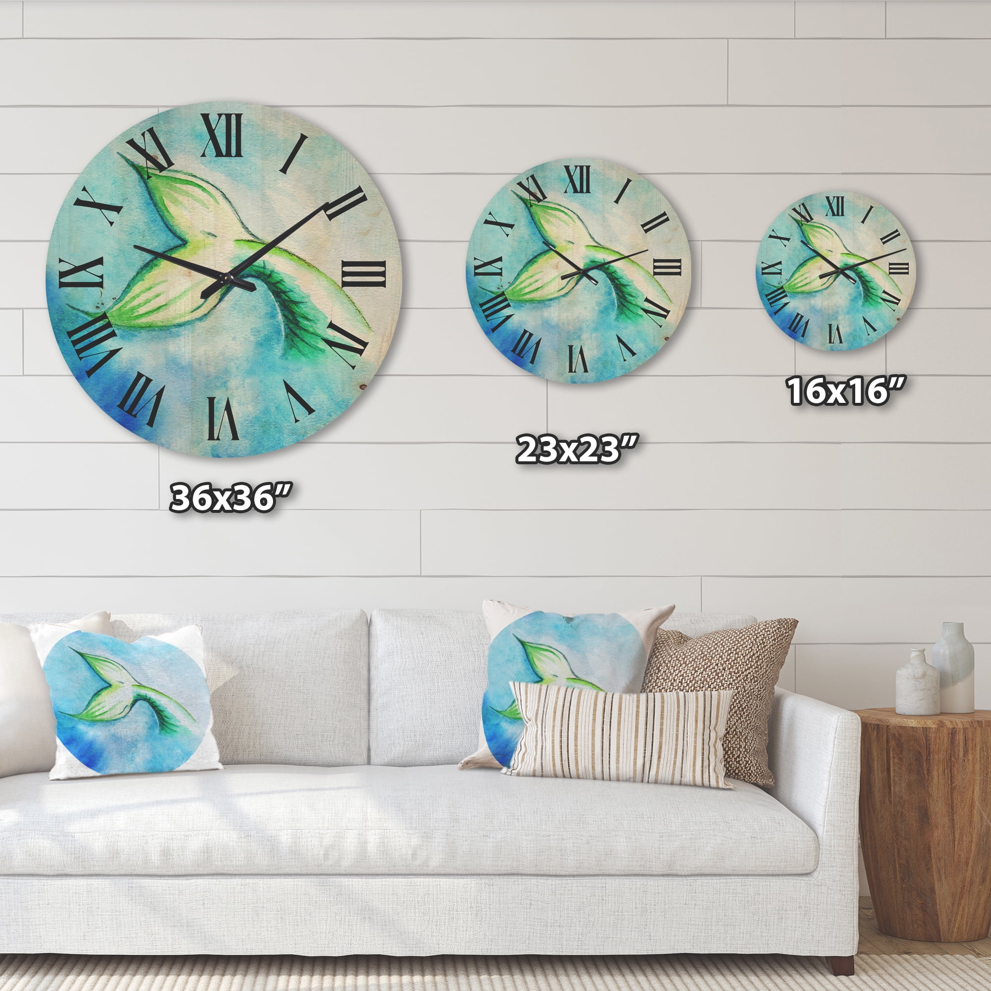 Designart 'Mermaid Green Fish Tail' Nautical & Coastal Wood Wall Clock
