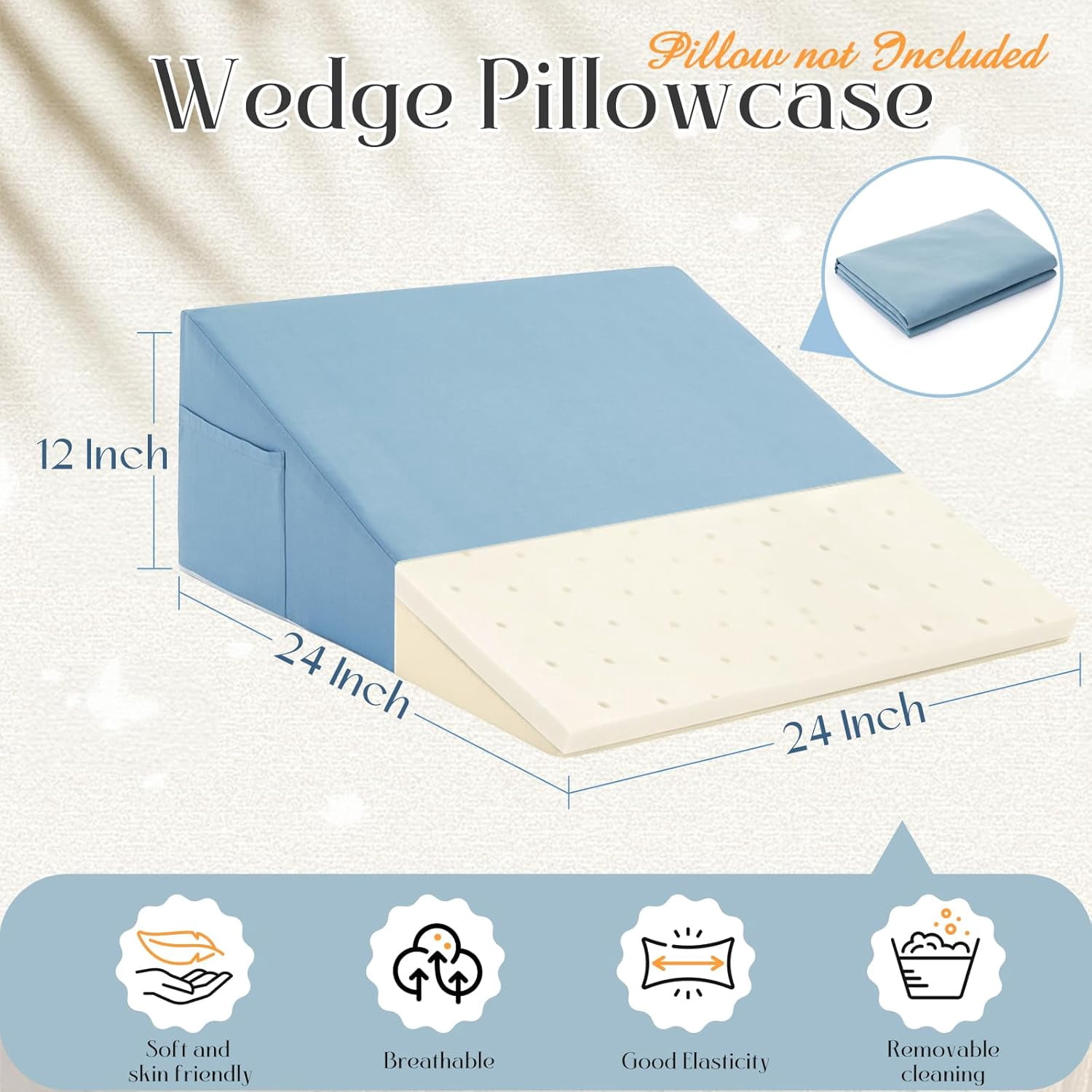 Blue Bed Wedge Pillow Cover with Zipper Design, Wedge Pillowcase Protector with Side Pocket for Storage, 24" L x 24" W x 12" H(Pillow Not Include)