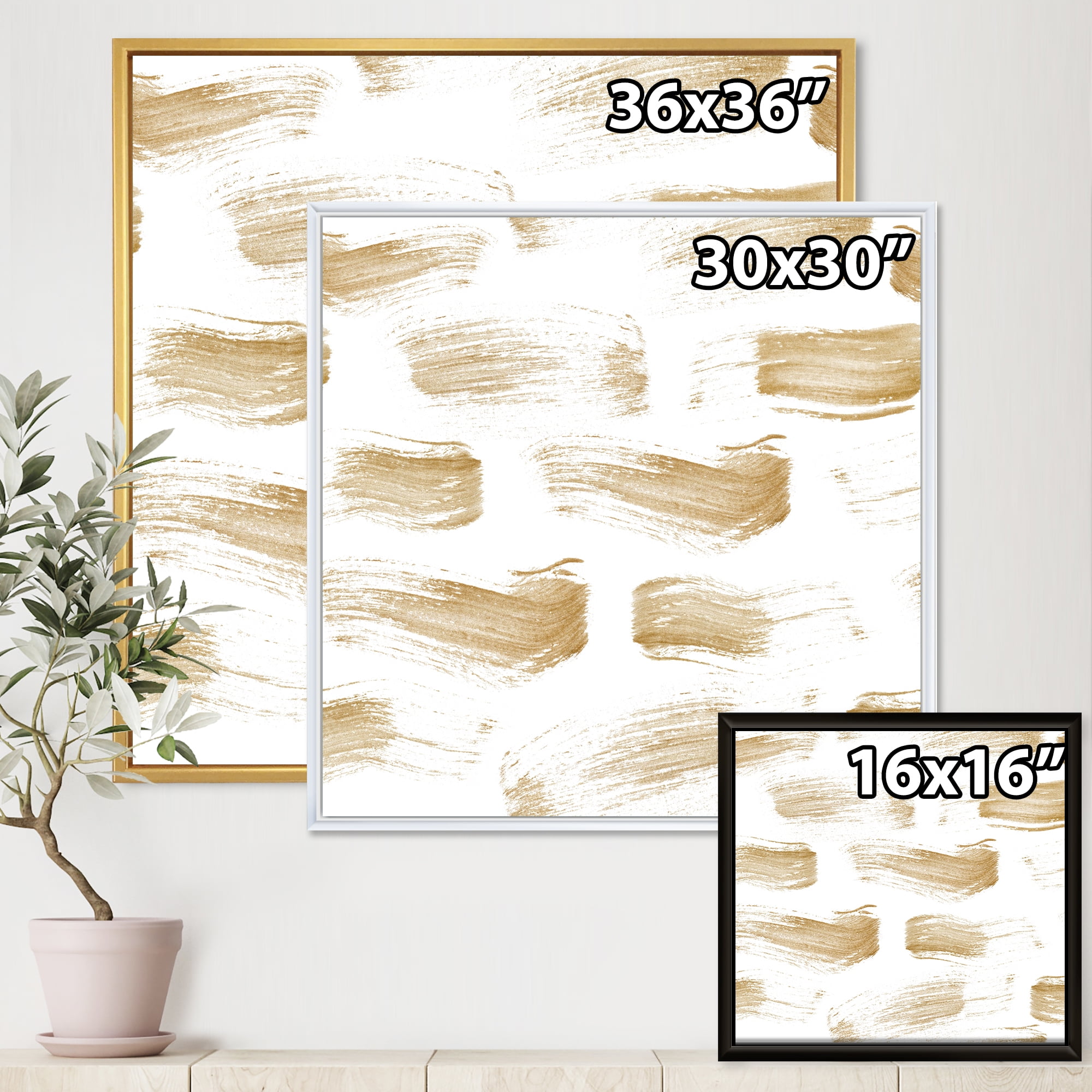 Golden Abstract Brush Strokes 16 in x 16 in Framed Painting Canvas Art Print, by Designart