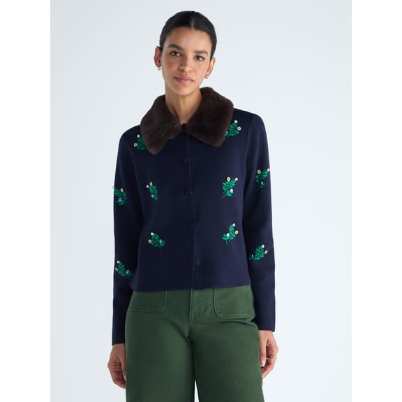 Free Assembly Women’s and Women's Plus Cardigan Sweater with Faux Fur Collar, Midweight, XS-4X