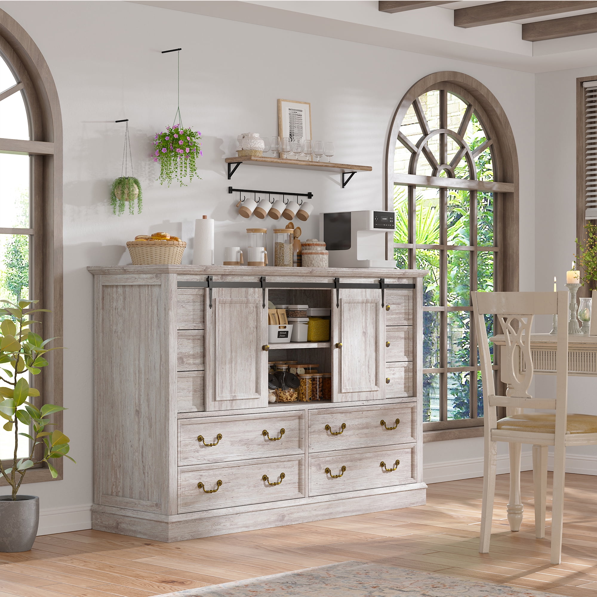 10 Drawers Dresser for Bedroom,Farmhouse Wood Dresser with Smoothly Sliding Barn Doors,Chest of Drawers 55" Wide TV Stands for Living Room,Hallway,Entryway ,Light Rustic Oak