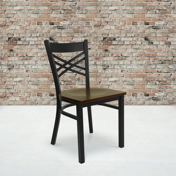 BizChair 2 Pack Black ''X'' Back Metal Restaurant Chair - Mahogany Wood Seat