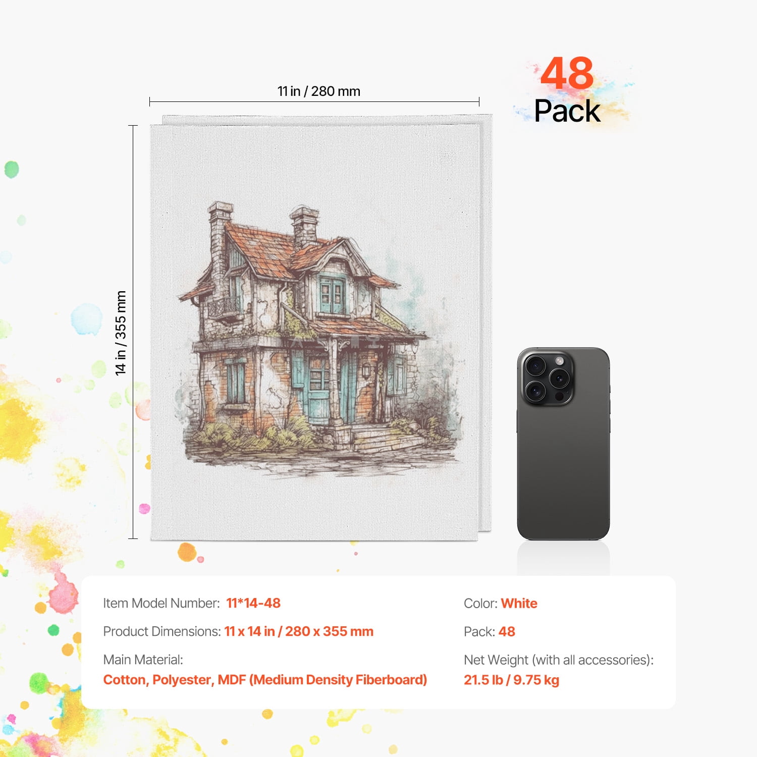 KFFKFF Artistic Canvas Panels, 11 x 14 Inch White Painting Surfaces, Set of 48, Ideal for Drawing, Acrylic and Oil Artwork, Watercolor, Suitable for Children and Professional Artists