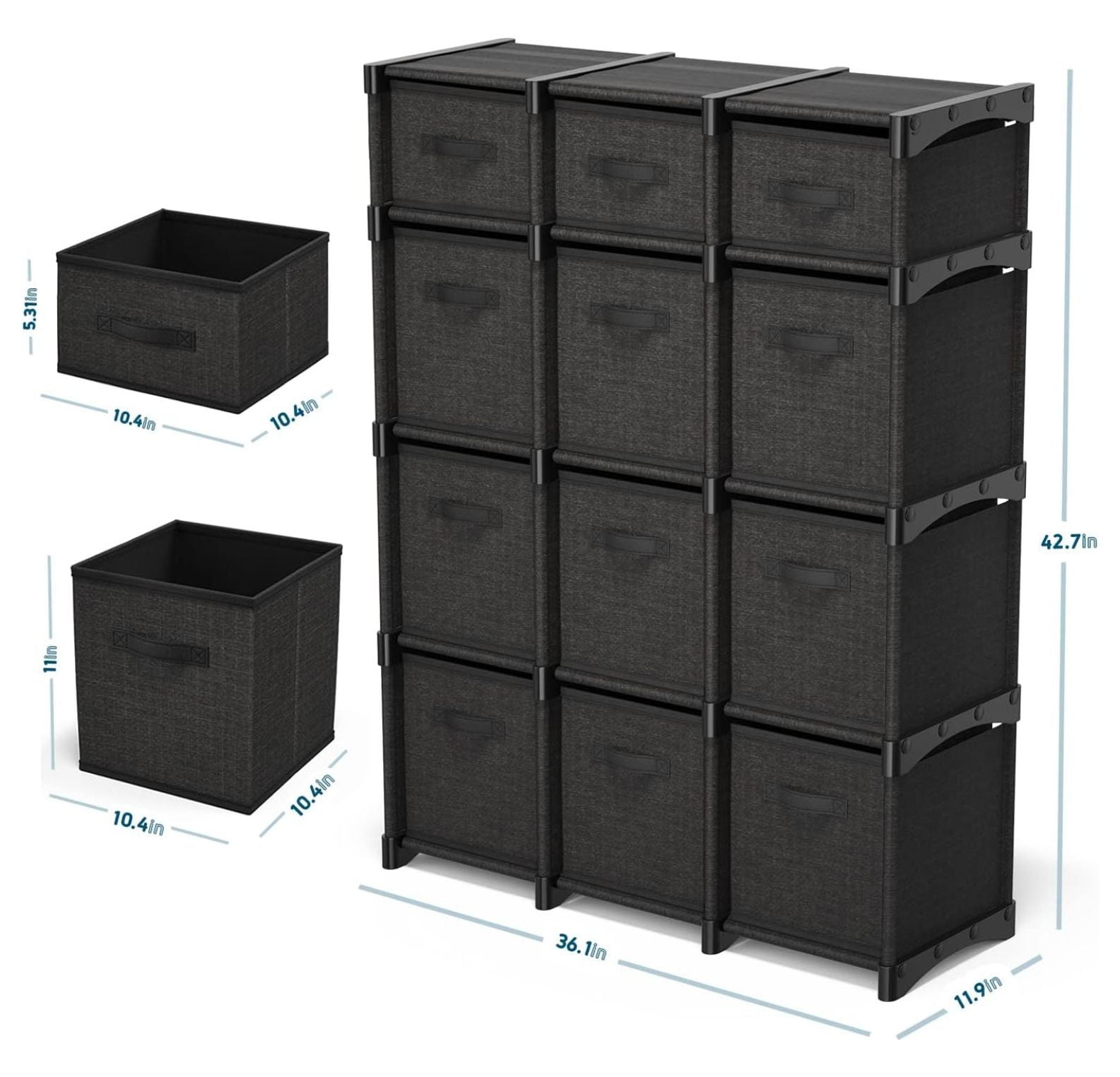 12 Cube Storage Organizer - Black Cube Organizer Shelf, DIY Storage Cubes Organizer Shelves with Fabric Storage Cubes, Sturdy Cubbies Storage Shelves, Cube Storage Shelf for Bedroom, Playroom and More